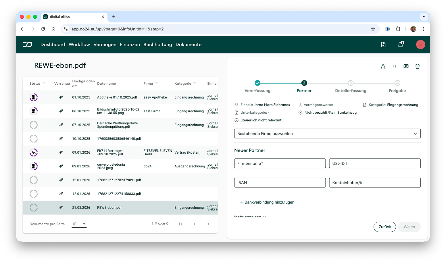 The legacy digital office workflow: table view with a selected document and the input form