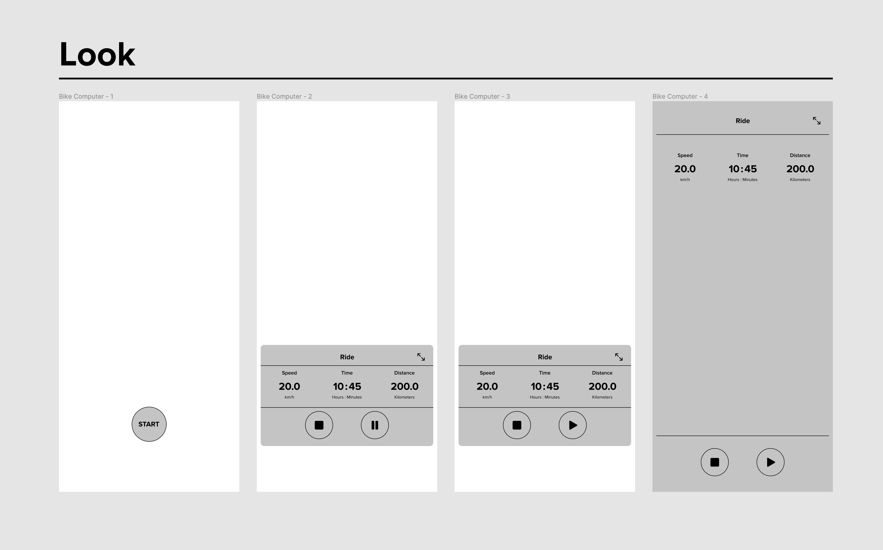 Early wireframes of the bike computer with a pause button at different sizes