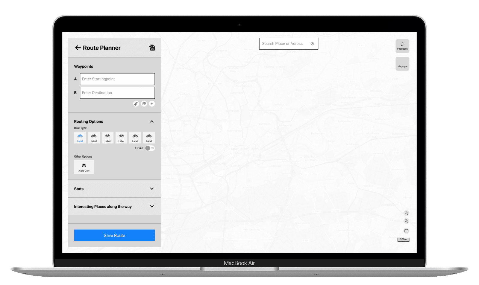 Initial wireframe of the unified route planner